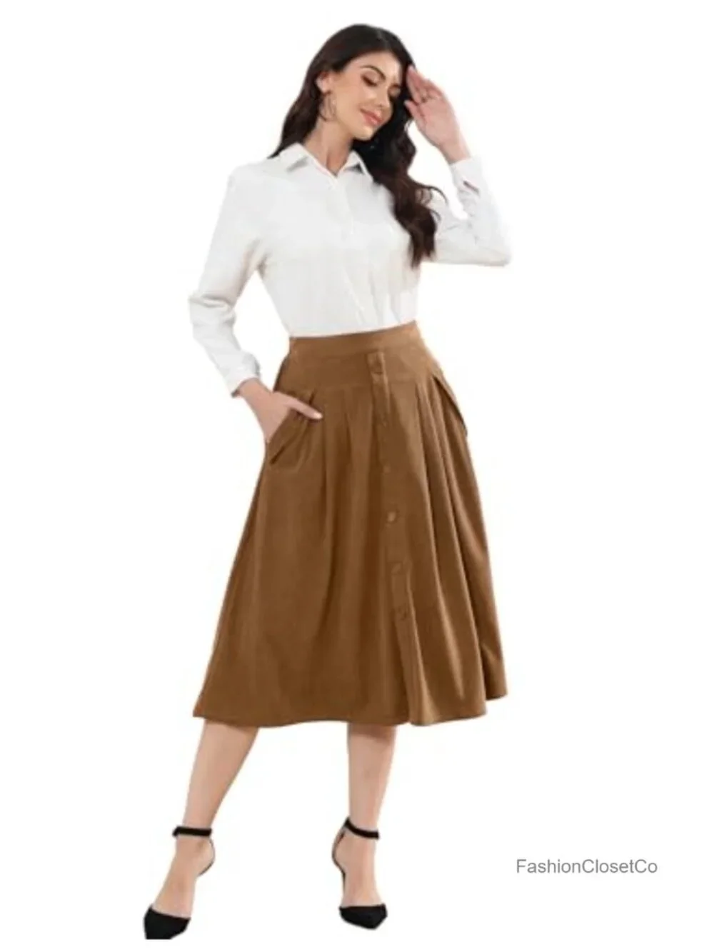 Women's Vintage Corduroy High Waist Button Midi Skirt A-Line Pleated with